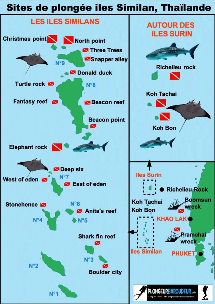 carte des sites de plongee iles similan thailande